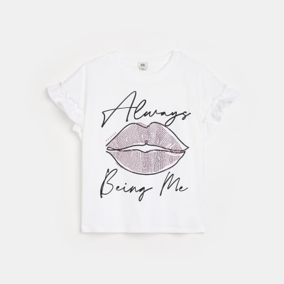 Girls white lips print t-shirt | River Island