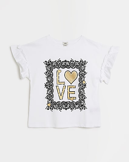 Girls white 'Love' graphic pearl t-shirt