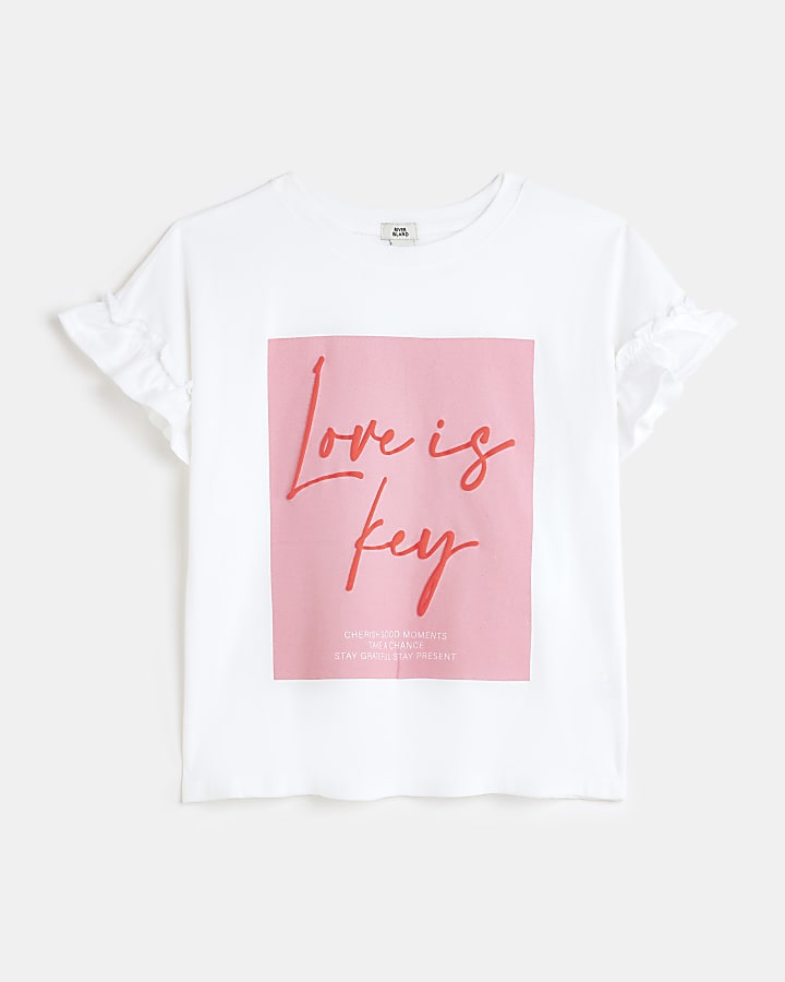 Girls White Love is Key Frill Sleeve T-shirt