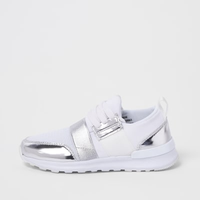 Girls white metallic mesh runner trainers