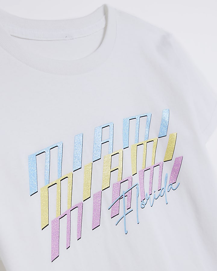 Girls White Miami Glitter Graphic T-shirt