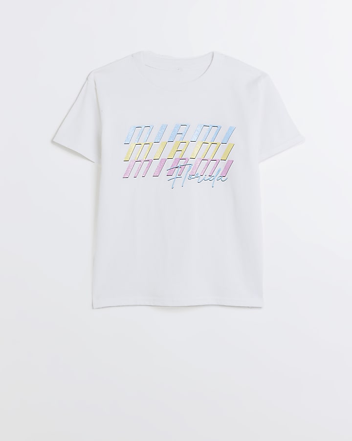 Girls White Miami Glitter Graphic T-shirt