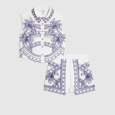 Girls White Palm Tree Shirt And Shorts Set