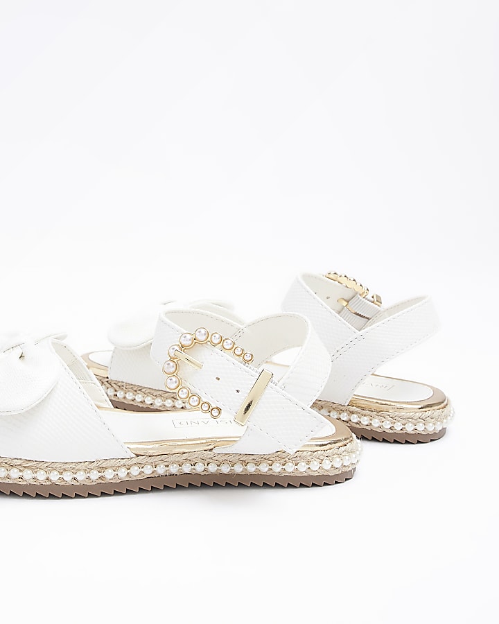 Girls White Pearl Embellished Bow Sandals