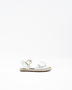 Girls White Pearl Embellished Bow Sandals