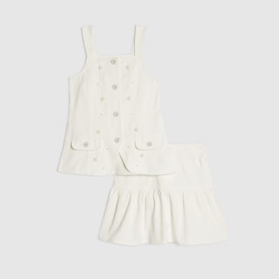 Girls White Pearl Waistcoat And Skirt Set