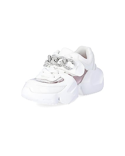 360 degree animation of product Girls white perspex diamante chunky trainers frame-0