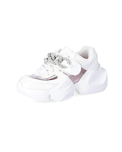 360 degree animation of product Girls white perspex diamante chunky trainers frame-1