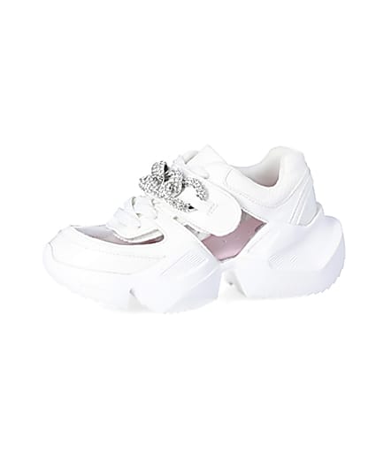 360 degree animation of product Girls white perspex diamante chunky trainers frame-2
