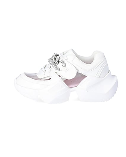 360 degree animation of product Girls white perspex diamante chunky trainers frame-3