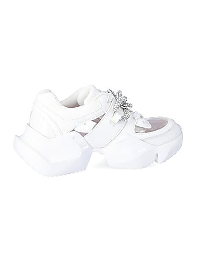 360 degree animation of product Girls white perspex diamante chunky trainers frame-14