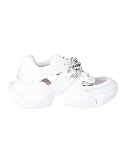 360 degree animation of product Girls white perspex diamante chunky trainers frame-15