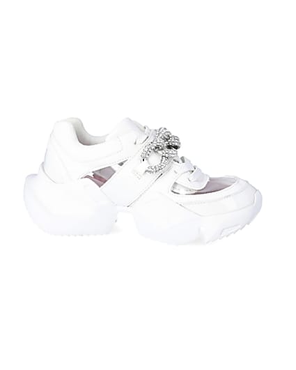360 degree animation of product Girls white perspex diamante chunky trainers frame-16