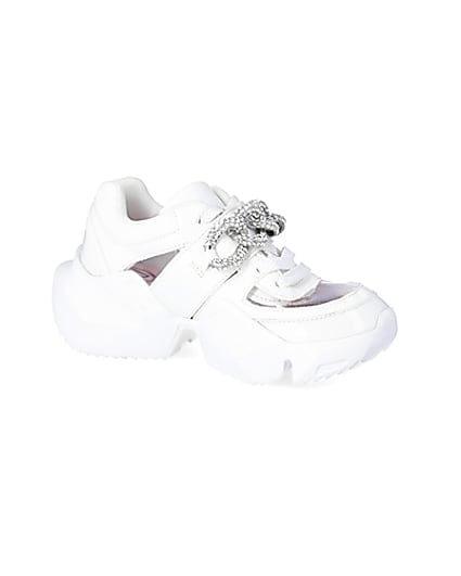 360 degree animation of product Girls white perspex diamante chunky trainers frame-17