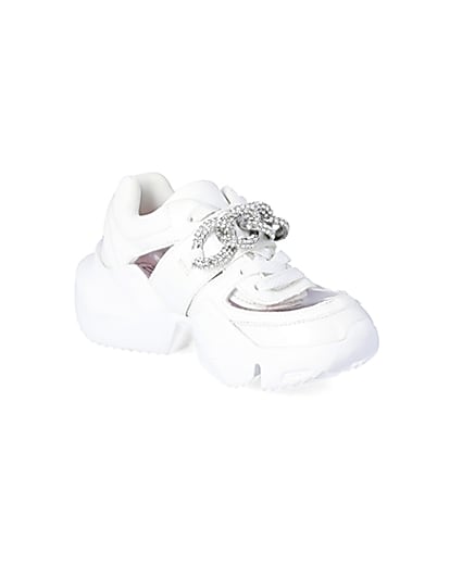 360 degree animation of product Girls white perspex diamante chunky trainers frame-18