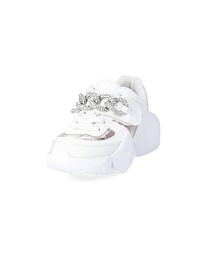 360 degree animation of product Girls white perspex diamante chunky trainers frame-23