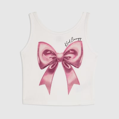 Girls White Pink Bow Tank Top