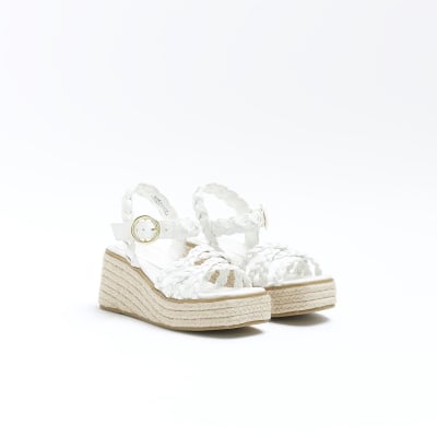 Girls white plaited wedge sandals