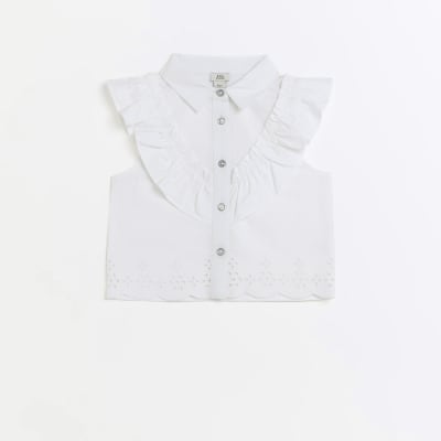 Girls white poplin frill detail blouse