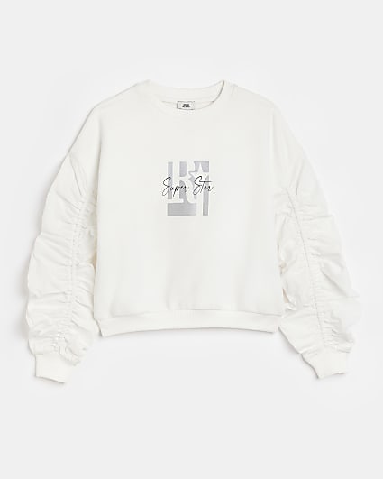 Girls White Poplin Ruched Graphic Sweatshirt