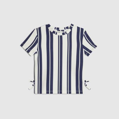 Girls White Premium Stripe Bow T-Shirt