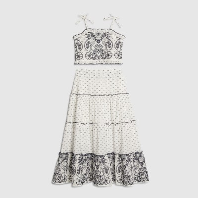 Girls White Printed Cami and Maxi Skirt Set