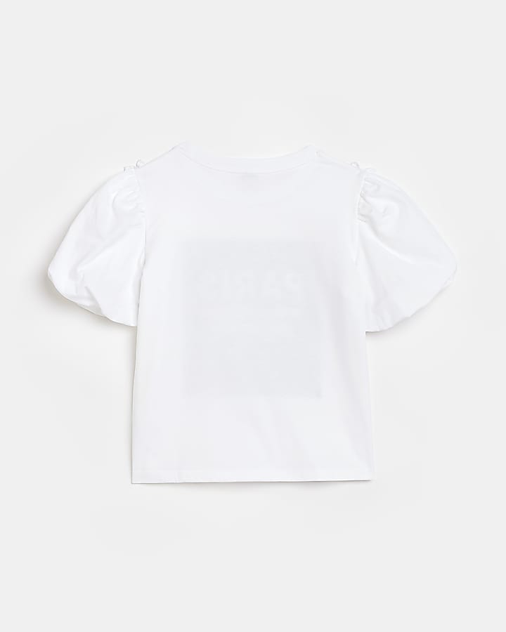 Girls White Puff frill Sleeve Sequin t-shirt