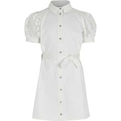 white puff sleeve shirt dress