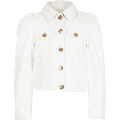 Girls white puff sleeve denim jacket | River Island