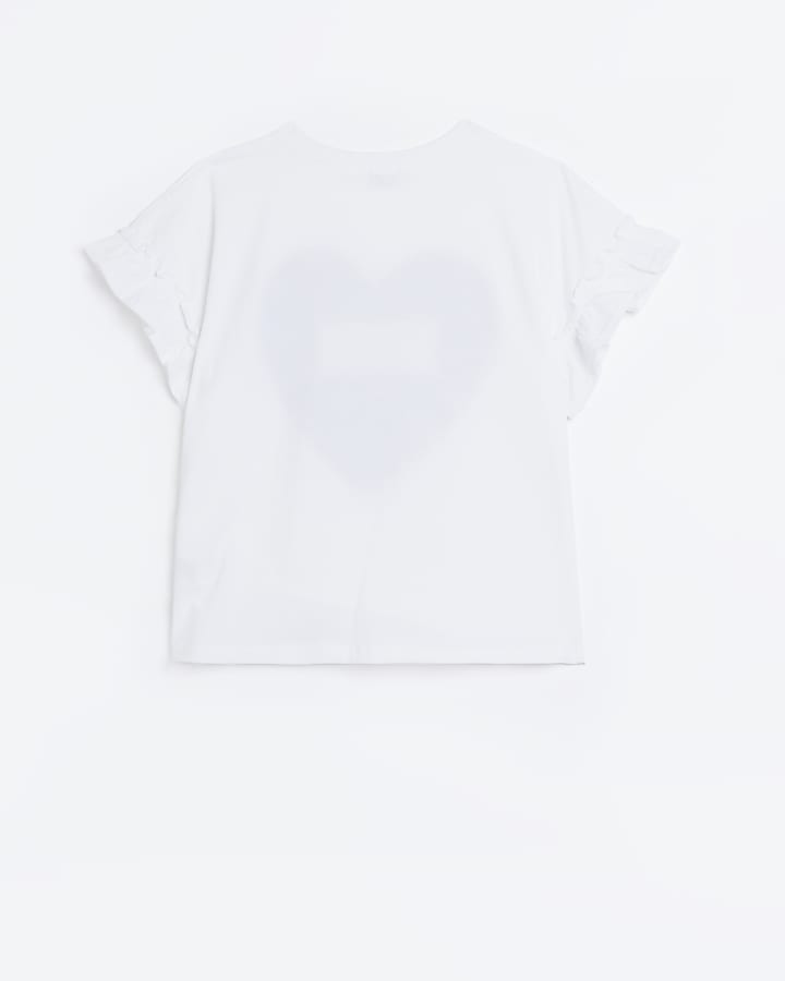 Girls White Quilted Heart Frill T-shirt