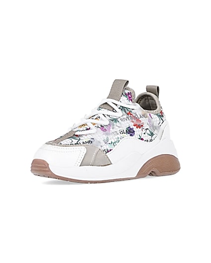 360 degree animation of product Girls white RI floral scuba runner trainers frame-0
