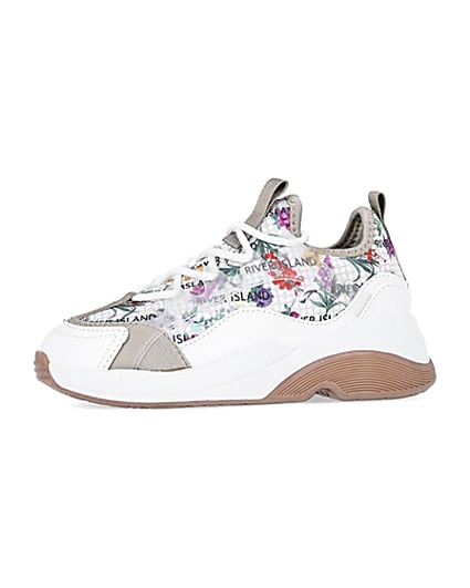 360 degree animation of product Girls white RI floral scuba runner trainers frame-2