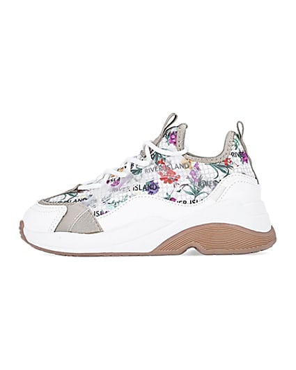 360 degree animation of product Girls white RI floral scuba runner trainers frame-3