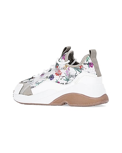 360 degree animation of product Girls white RI floral scuba runner trainers frame-5