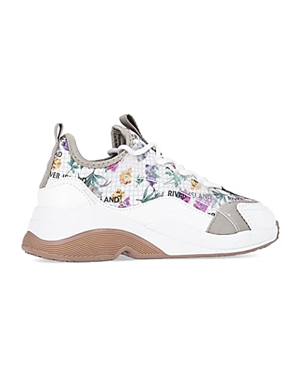 360 degree animation of product Girls white RI floral scuba runner trainers frame-14