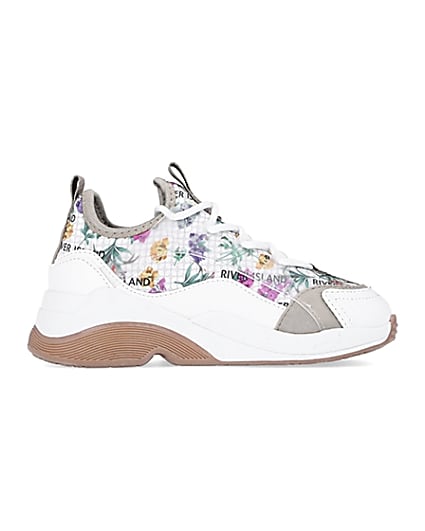360 degree animation of product Girls white RI floral scuba runner trainers frame-15