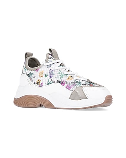360 degree animation of product Girls white RI floral scuba runner trainers frame-17