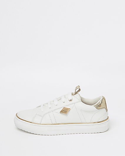Girls white RI gold trim lace up trainers