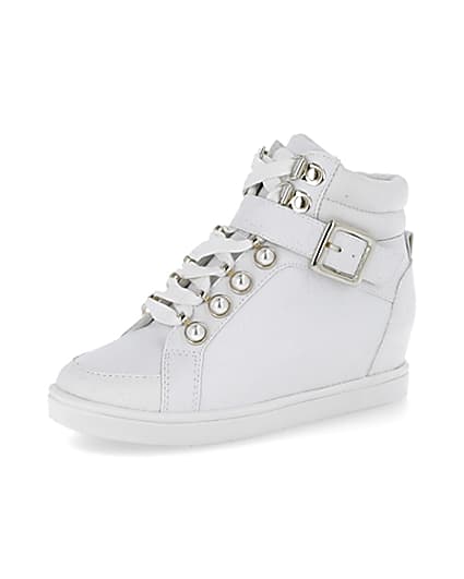 360 degree animation of product Girls white RI monogram high top trainers frame-1