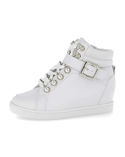 360 degree animation of product Girls white RI monogram high top trainers frame-2