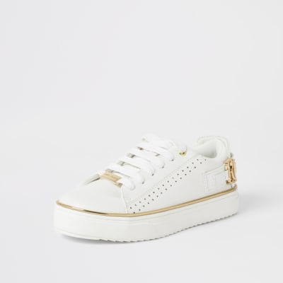girls white lace up trainers