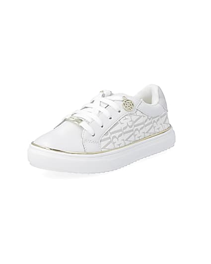 360 degree animation of product Girls white RI print trainers frame-0