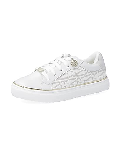 360 degree animation of product Girls white RI print trainers frame-1