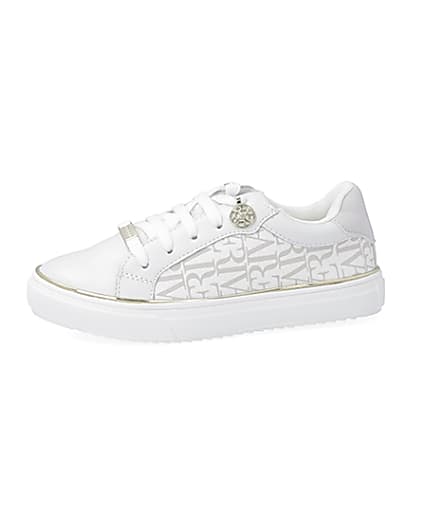 360 degree animation of product Girls white RI print trainers frame-2