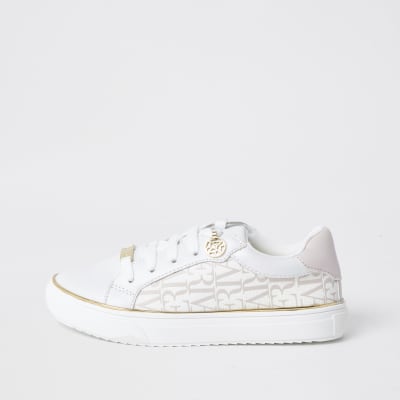 Girls white RI print trainers | River Island