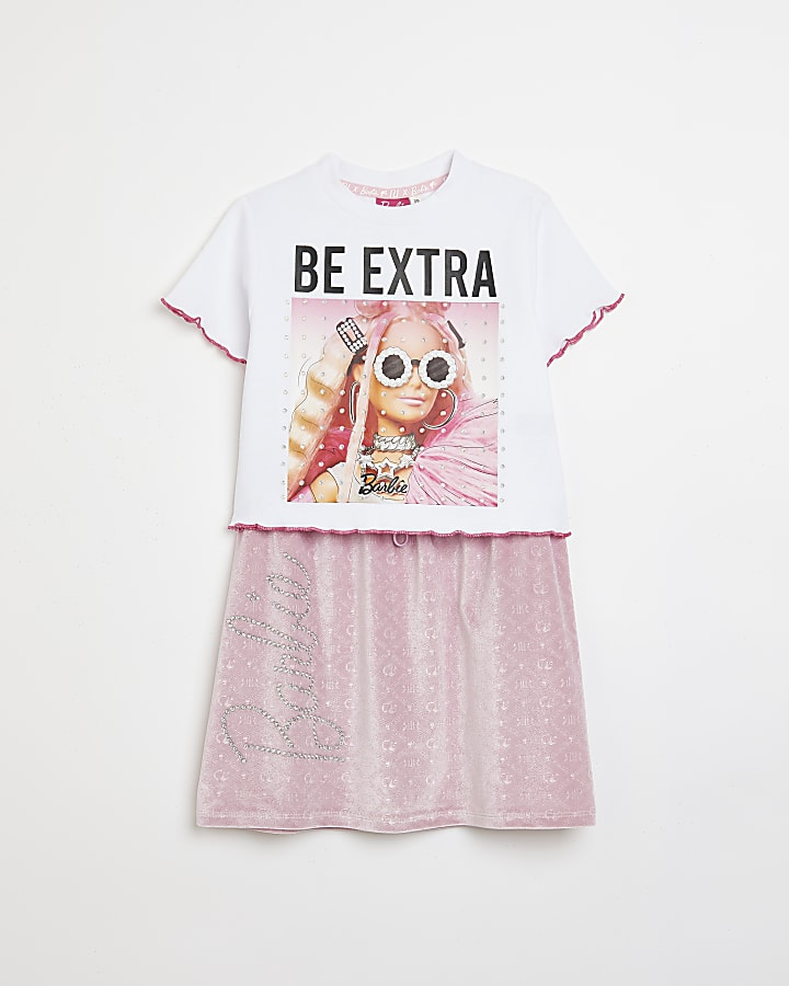 Girls white RI x Barbie print t-shirt outfit