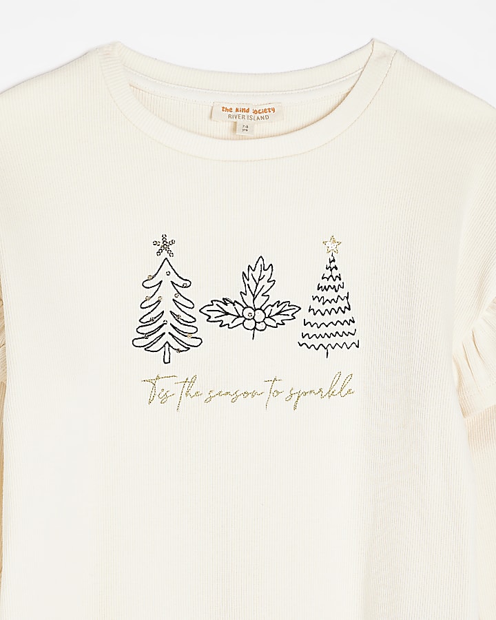 Girls White Rib Christmas T-shirt