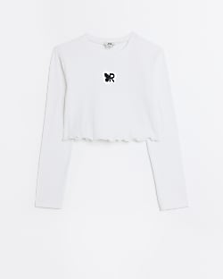 Girls white rib embroidered long sleeve top