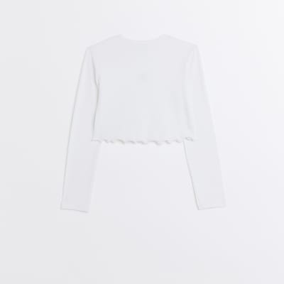 Girls white rib embroidered long sleeve top