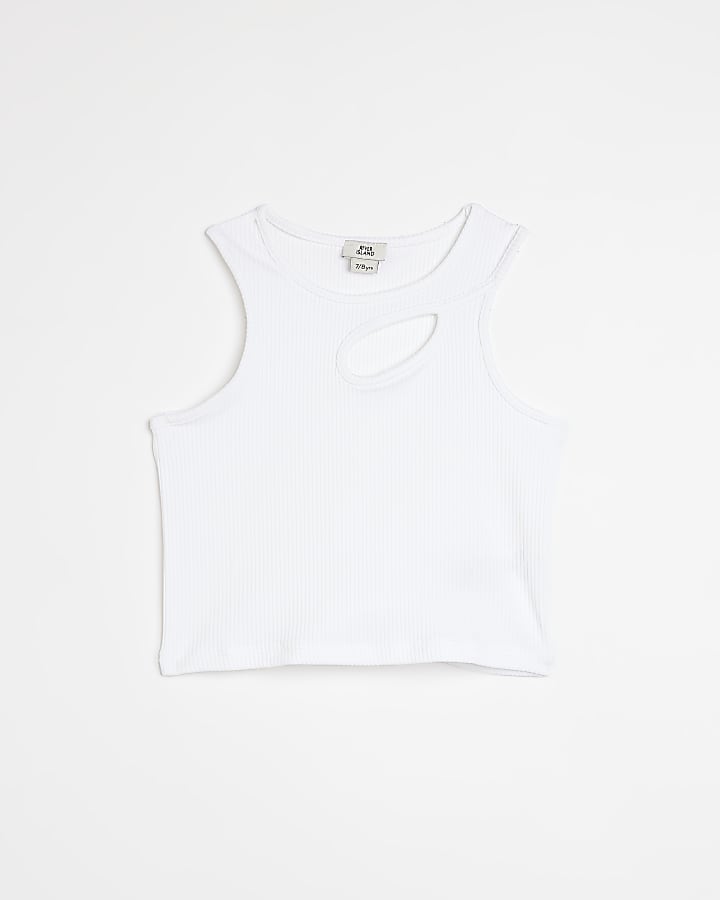 Girls white ribbed cut out racer top